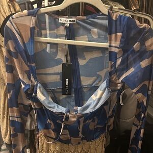 Fashion Nova Camouflage Mesh Top in Blue and Tan